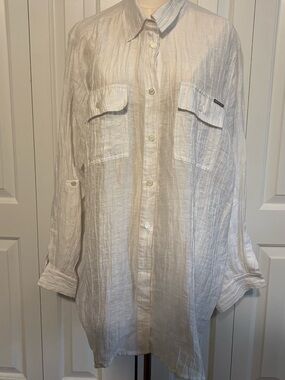 MICHAEL KORS White Crinkled-Look Off-White Lightweight Button-Up Shirt, Size 2X
